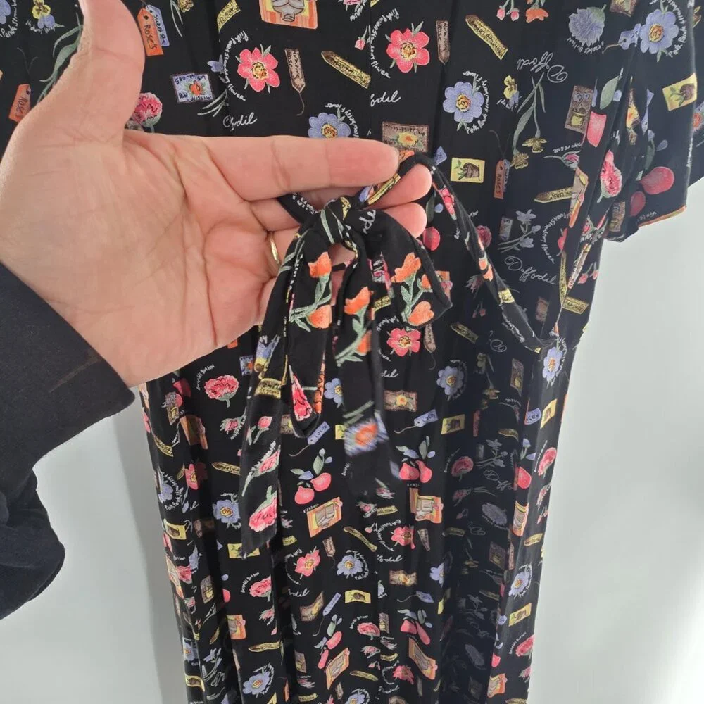 R+K Originals Womens‎ Size 16  Black Floral Midi Dress Short Sleeve Cottagecore